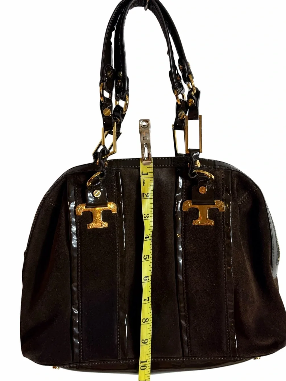 Tory Burch Brown Suede Leather Dome Satchel Gold Hardware Top Handle Bag